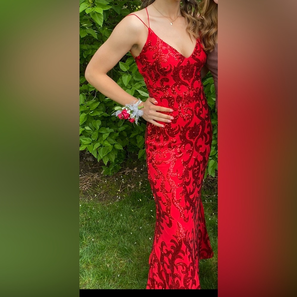 Red sequins prom dress